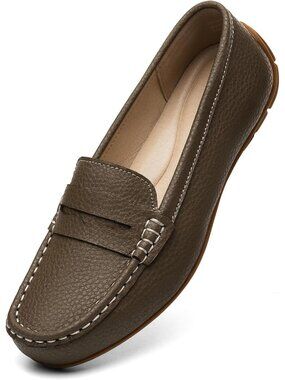 Women's Brown Leather Penny Loafers Moccasins Slip On Comfortable Driving Shoes